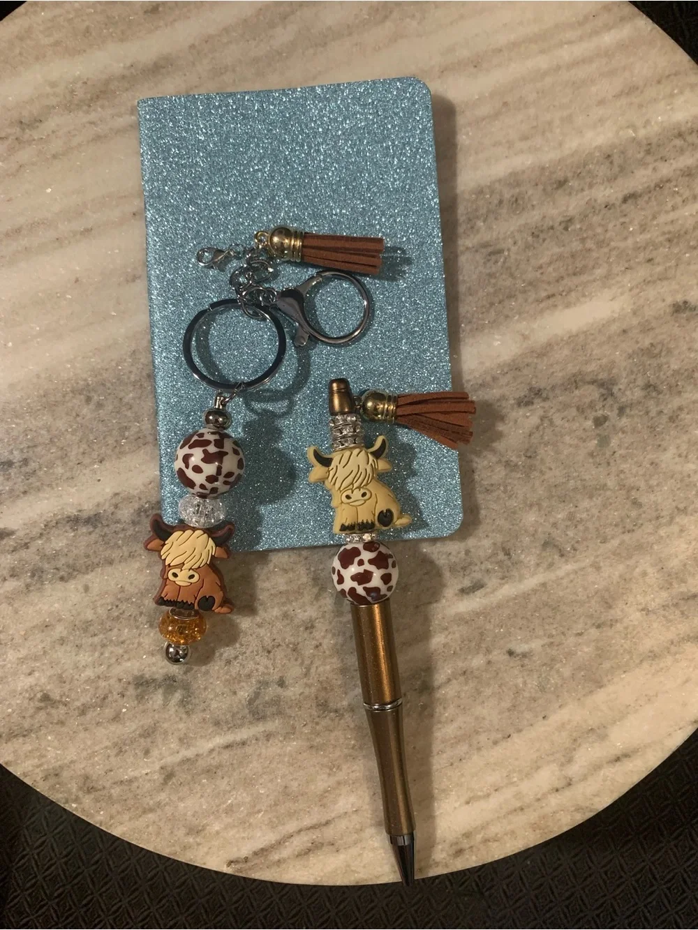 Highland Cow Pen & Keychain Set - Blue, Brown Accents